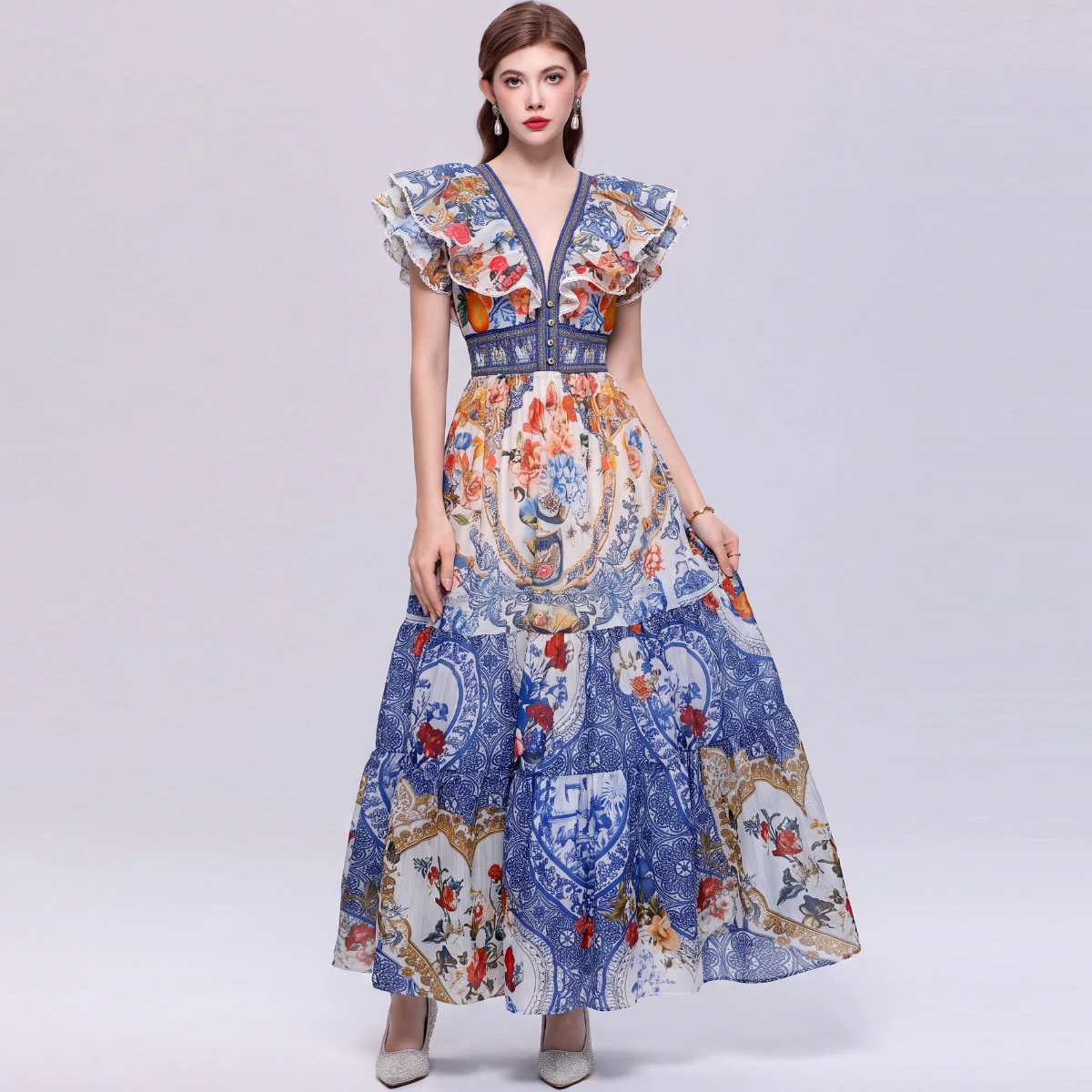 Bohemian Women Long Dress Vintage Poster Floral Print Ruffles Flying Sleeve V Neck Flowy Tiered Beach Maxi Vestidos