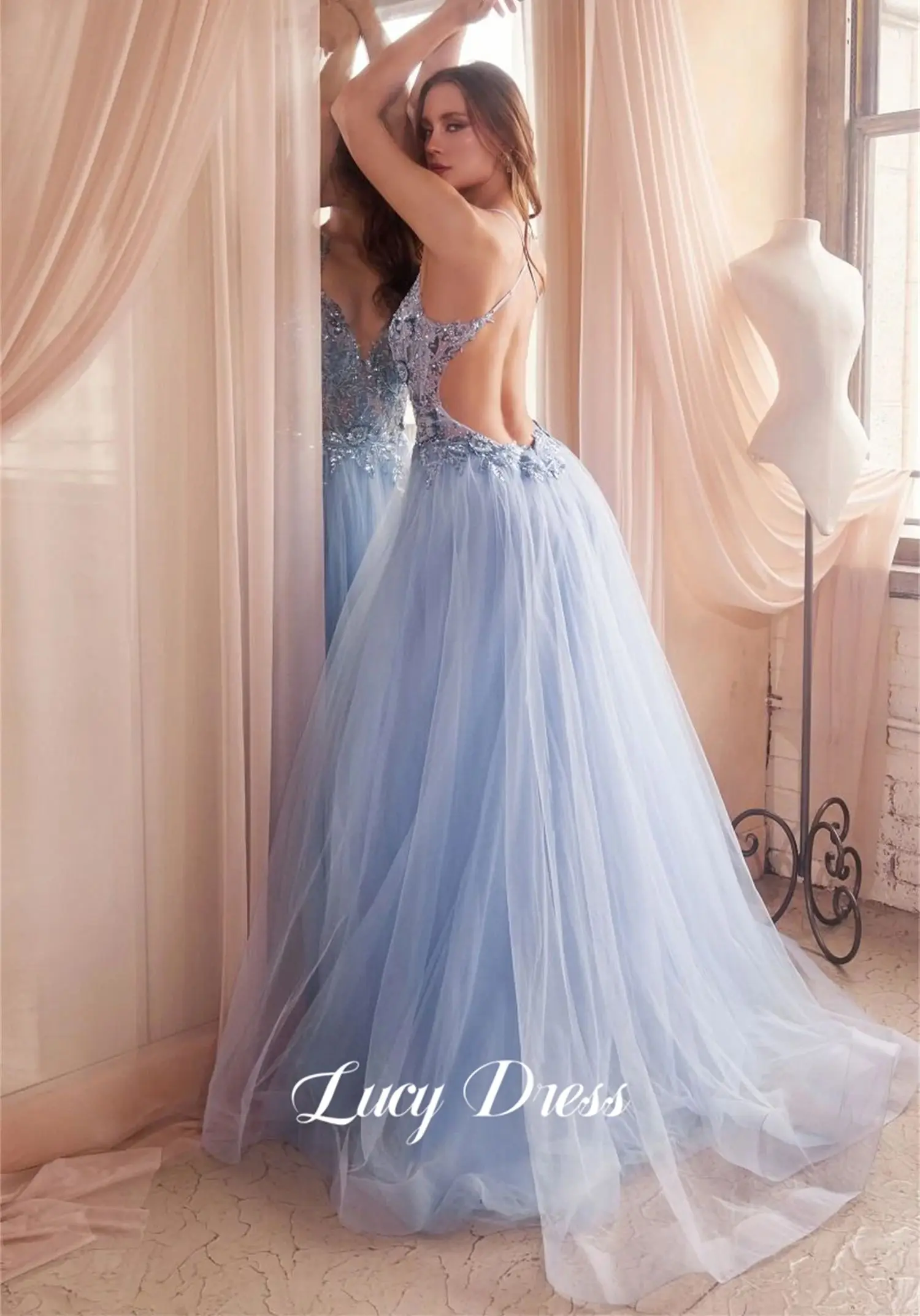 Prom Line A Bridesmaid Dress Party Cocktail Customized Blue Bead Embroidery Decoration Mesh Formal Evening Dresses 2024 Long