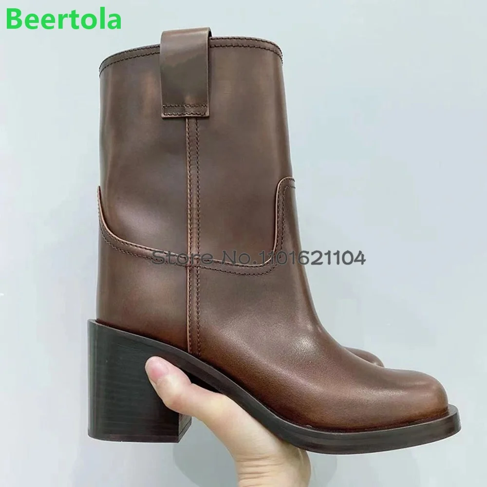 Square Heel Round Toe Luxury Boots For Female Women Slip-on Genuine Leather Retro Mid Length Boots Elegant Fashion Casual Shoes