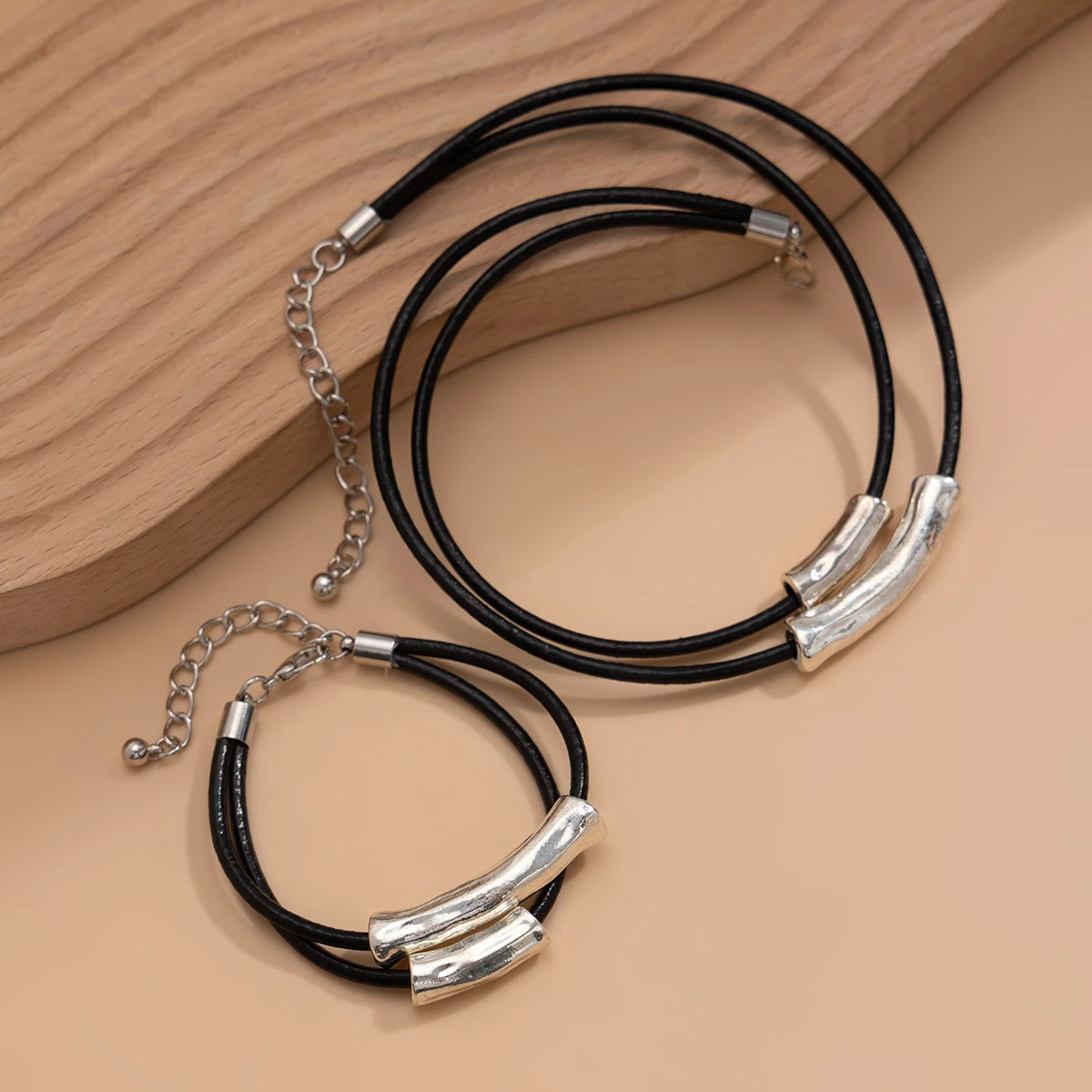 KunJoe Vintage Multi Layer Leather Wax Thread Rope Chain Necklace Bracelet Jewelry Set Women Simple Geometric Round Tube Choker