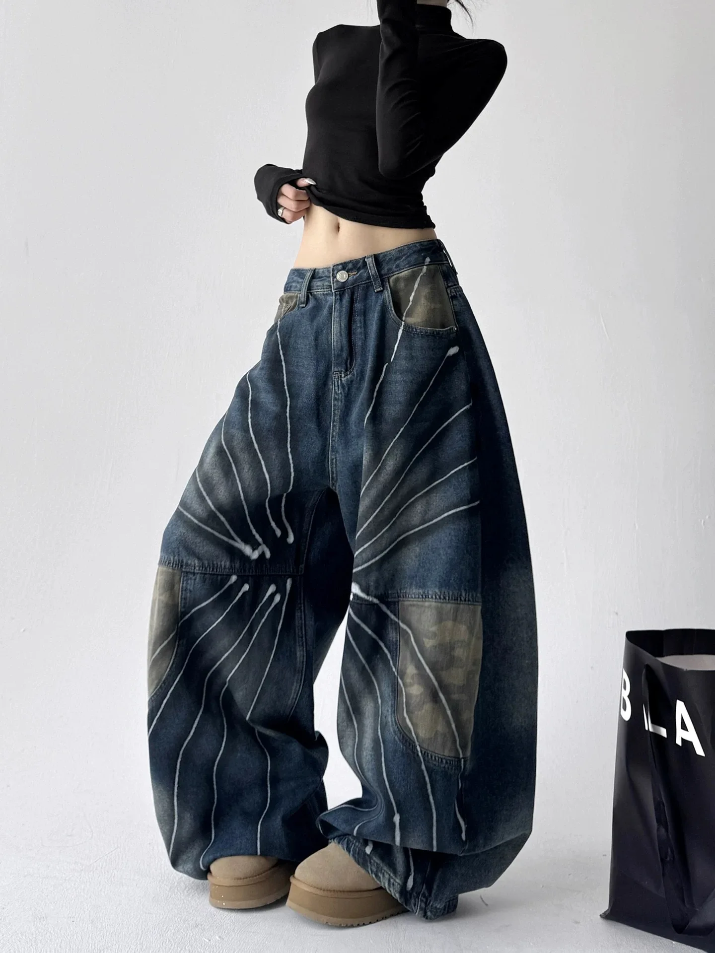 Y2k americano retro jeans feminino lavado camuflagem outono inverno cintura alta solto ajuste curvo calças versáteis na moda