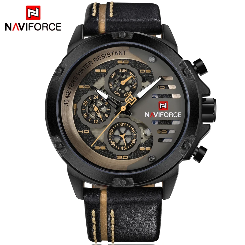 NAVIFORCE Fashion Multi-Function Watch Men Waterproof Quartz Leather Wristwatch Military Sport Date Male Clock Relogio Masculino