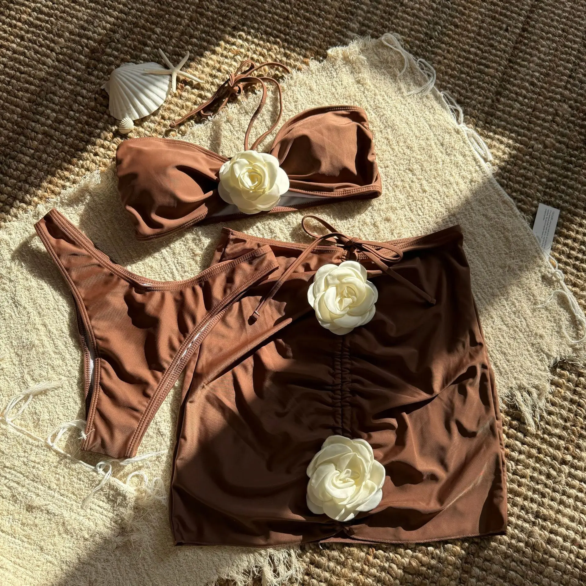 sexy 3D flower bandeau bikinis sets three pieces with flower winkled mini skirt padded swimwear female bathing suit biquini