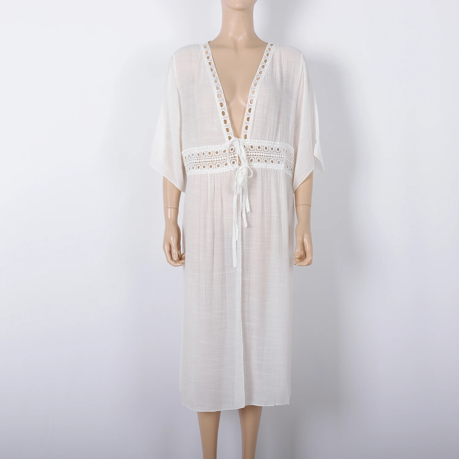 Longo kimono bikini cover ups sexy feminino oco pescoço cintura nadar praia vestido cardigan rendas beachwear