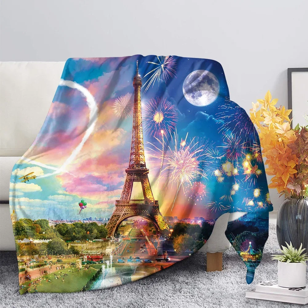 Retro Eiffel Tower Design Warm Fleece Blanket on Bed Sofa Bedding Single Fall Blanket Dreamlike Gift Winter Bed Sheets King Size
