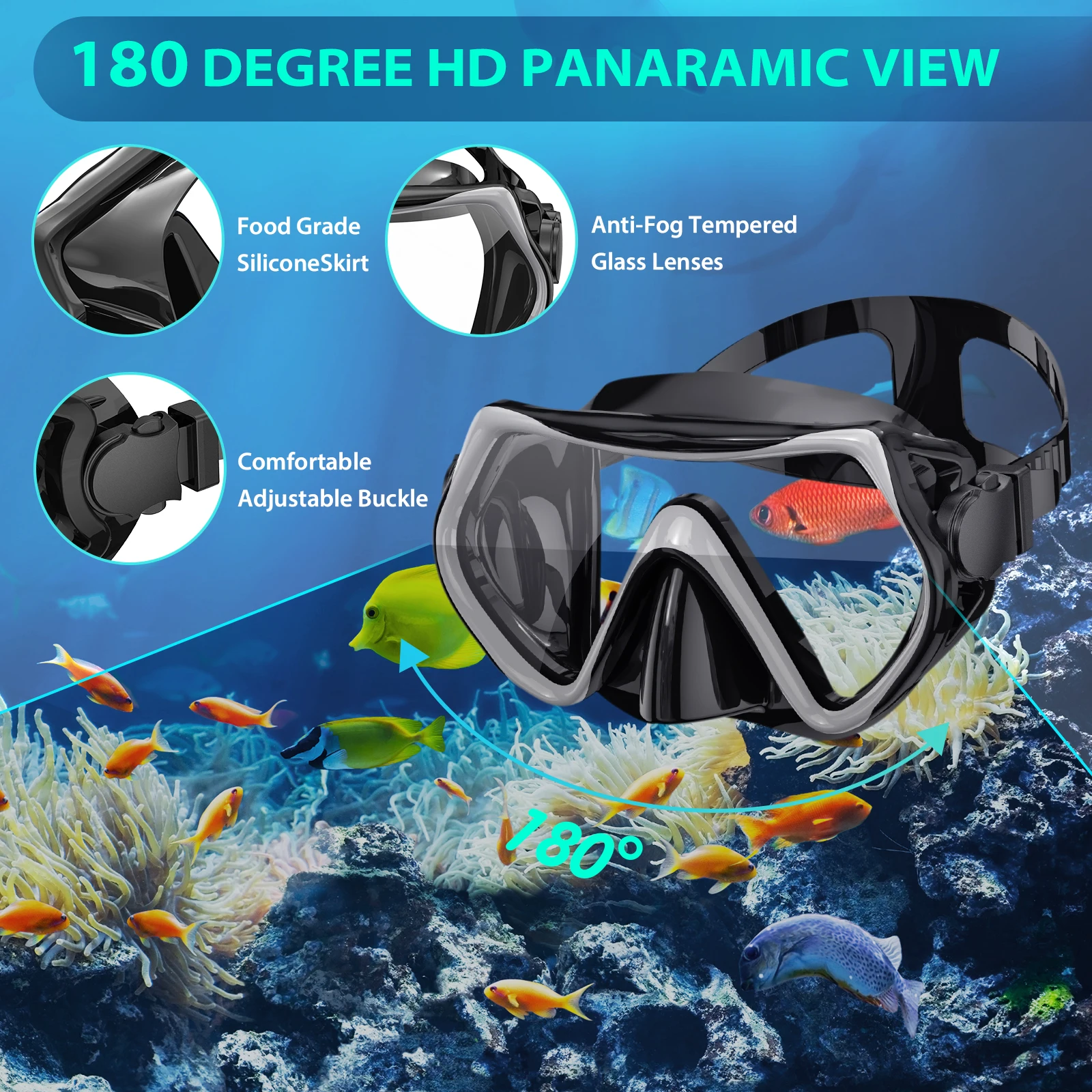 Adult diving three-piece full dry anti-fog mask and fin set with tempered glass lenses Silicone + PC + tempered glass + TPE
