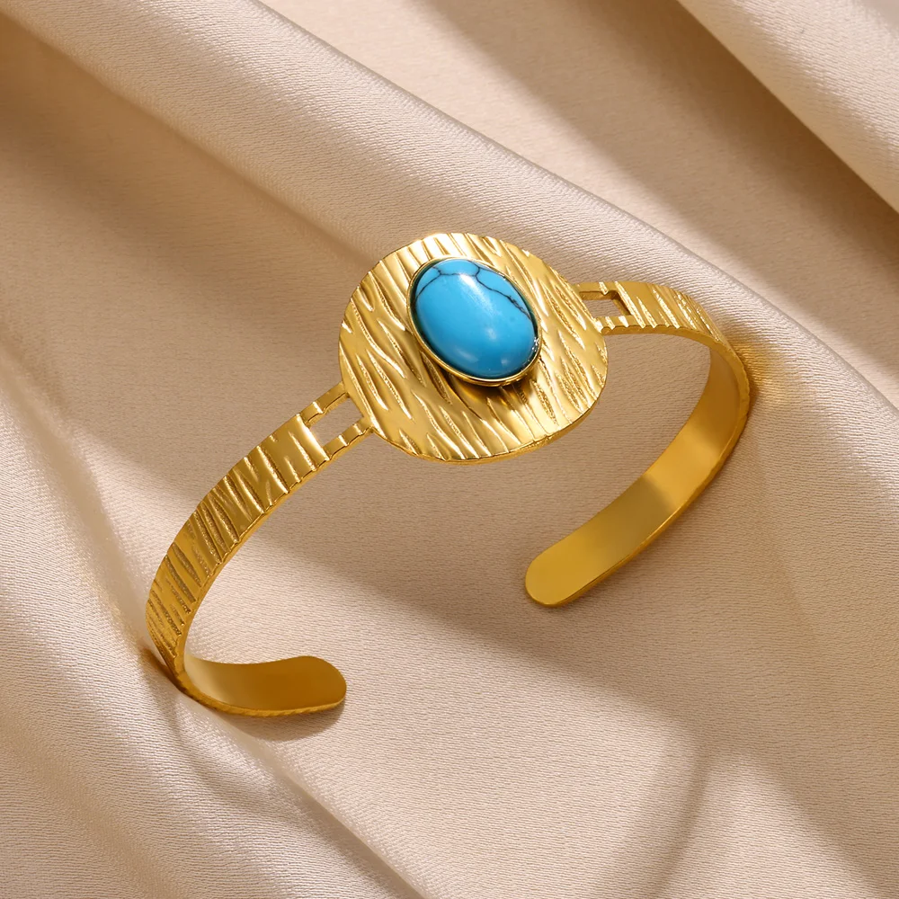 Bohemian Oval Natural Blue Stone Bangle Bracelet For Women Gold Color Stainless Steel Adjustable Bracelet Party Jewelry Gift