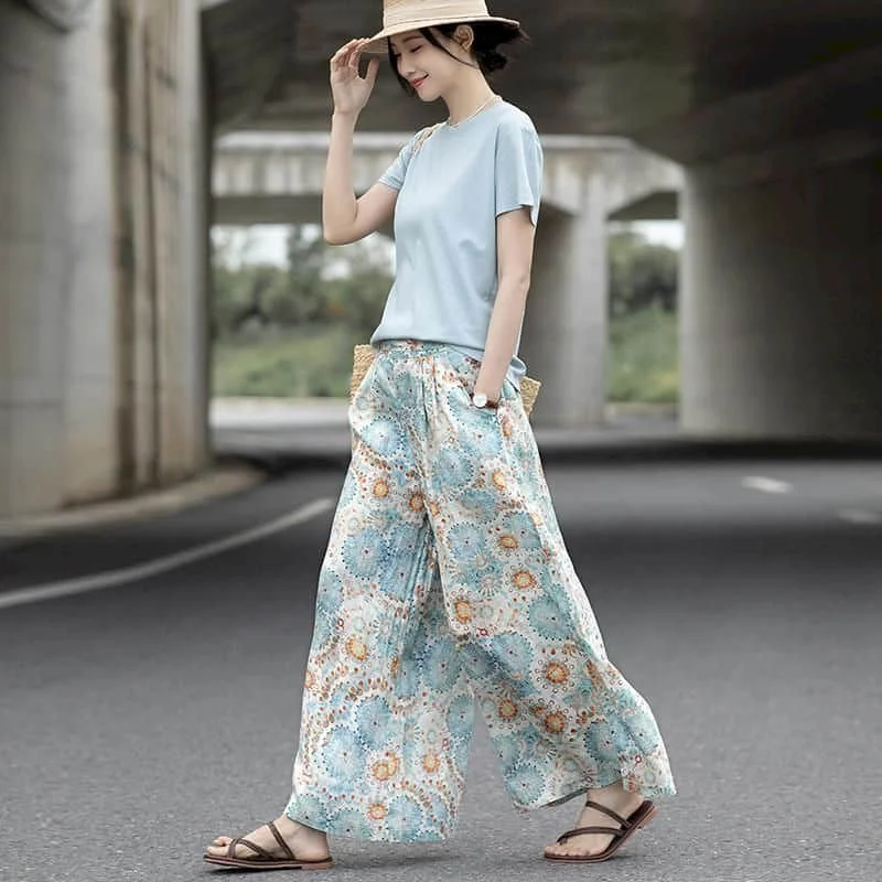 Cotton Linen Pants Floral Printing Loose Casual Vintage Korean Style Harajuku Trousers Wide Leg Pants Women Clothing Baggy Pants