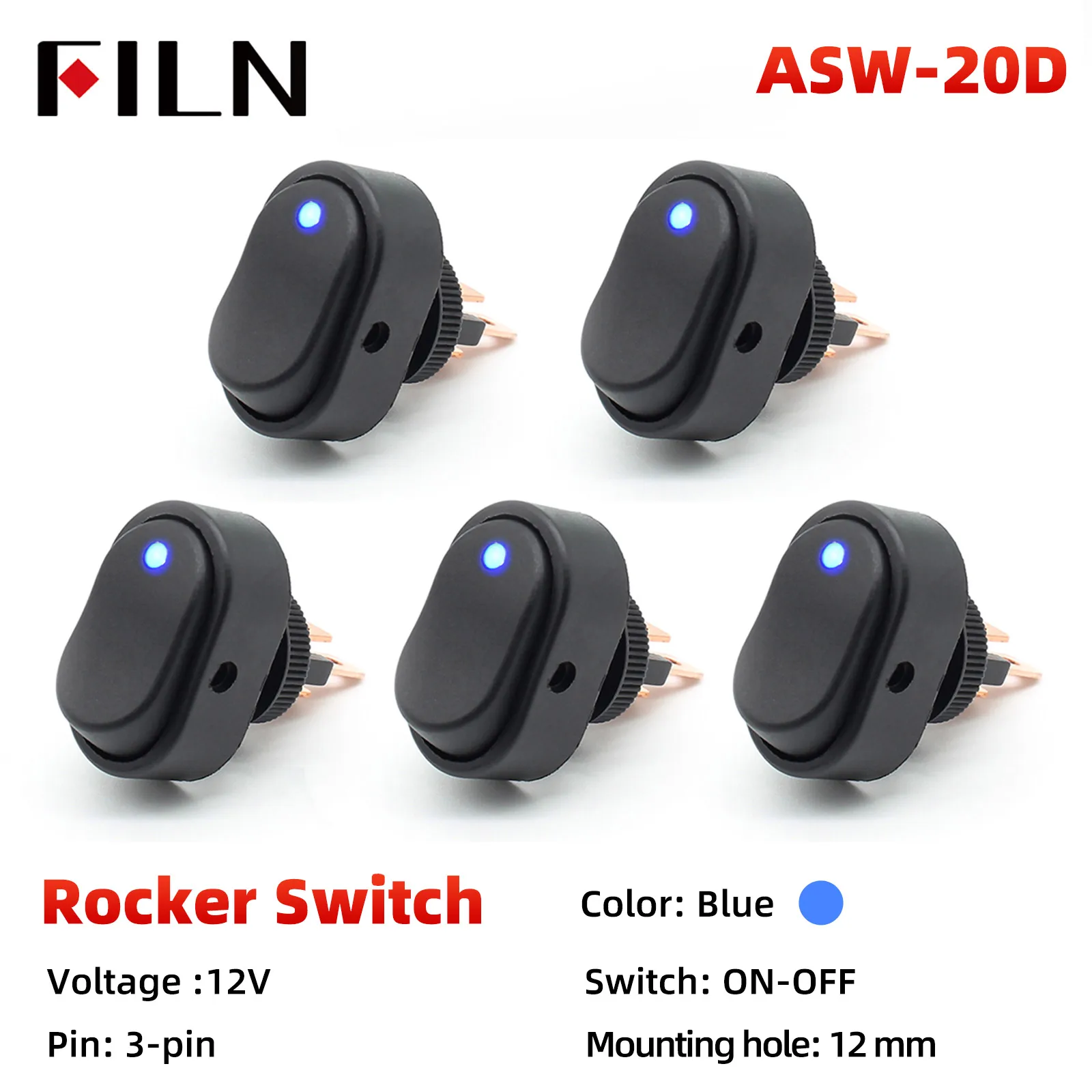 FILN  ASW-20D Headlamp Adjustable 12V 24V LED Automobile Car ON OFF Light Switch Dot Light Rocker Switch 30A 12V