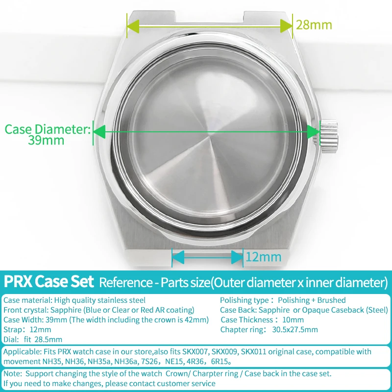 Silver PRX Watch Case Set Fits SKX07 Movement NH35 NH36 Stainless Steel Charpter Ring Case back Crown At 3 o’Clock Part