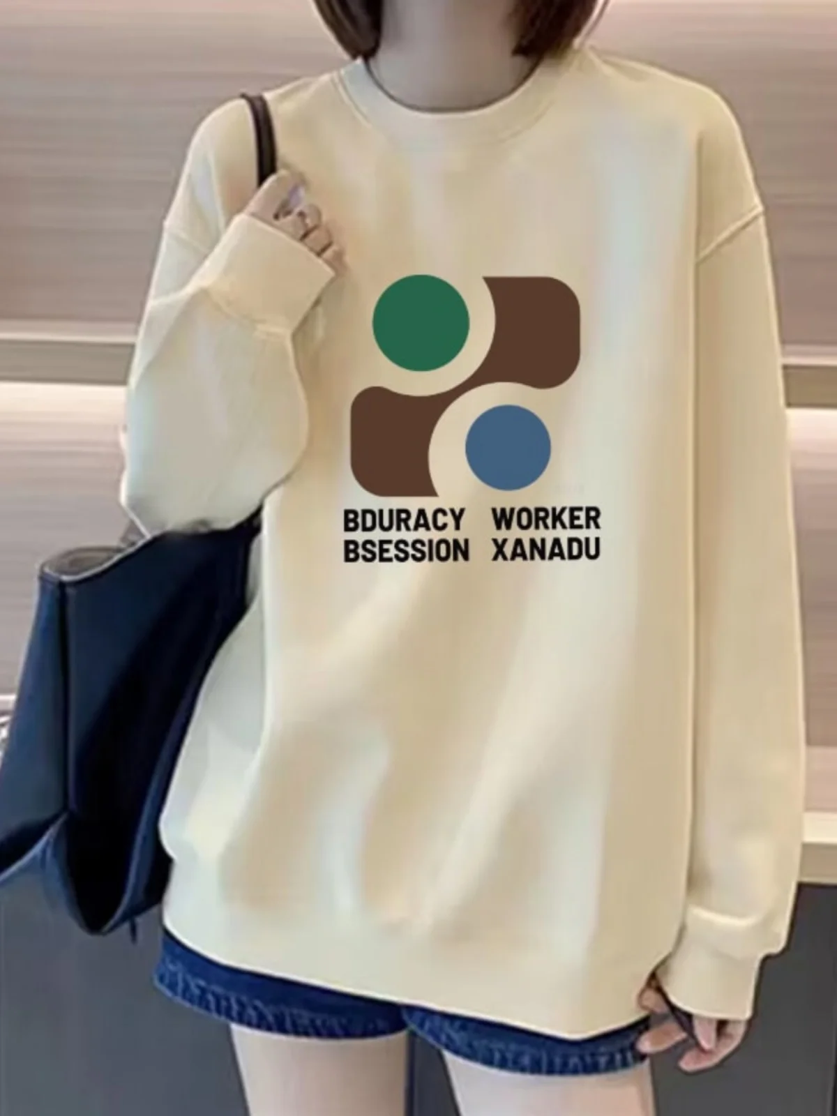 

Mandarin Collar Long Sleeve Sweatshirt Women's Style Loose Fit Autumn Winter Fashion Print Design Thickened Polyester