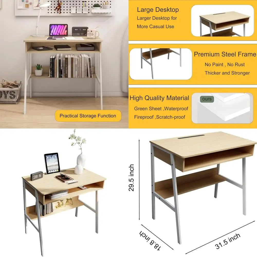 

Modern 32 Compact Computer Desk with Groove and Open Shelf, Light Wood Finish for Home Office