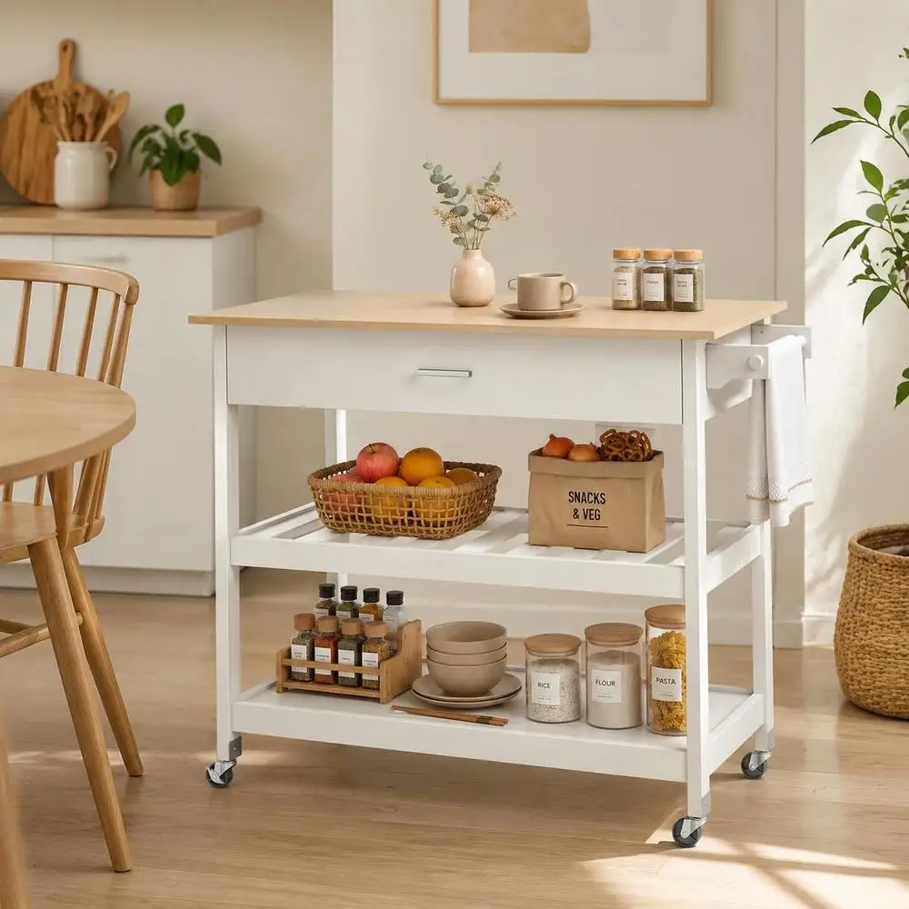Meuble de cuisine sur roulettes, îlot central de cuisine avec plan de travail, tiroir, étagères, porte-serviettes, blanc