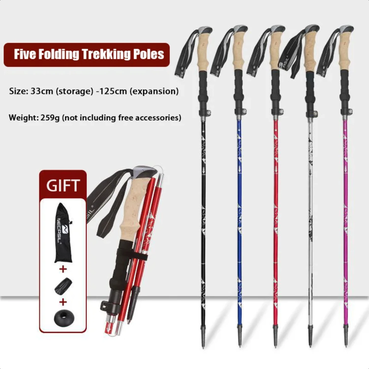 

32-125cm Aluminum 5 Section Ultralight Trekking Poles Walking Stick Trail Running Hiking Climbing Alpenstock Folding