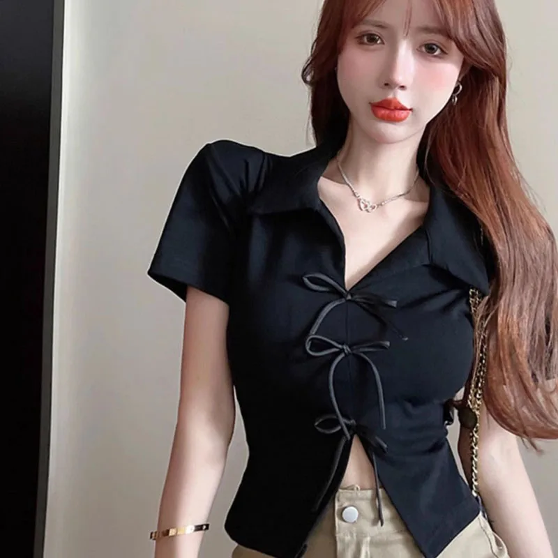 Women Fashion Sweet Slim Crop Tops Summer Vintage Solid Casual T-shirt French Style Lapel Short Sleeve Pullovers
