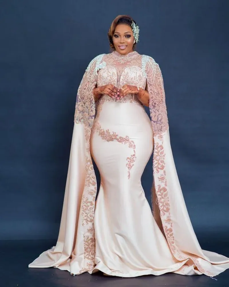 Blush Pink Mermaid Evening Dresses with Cape Sleeve 2024 Lace Stain Tassel Beaded African Aso Ebi Arabic Prom Dress Robes