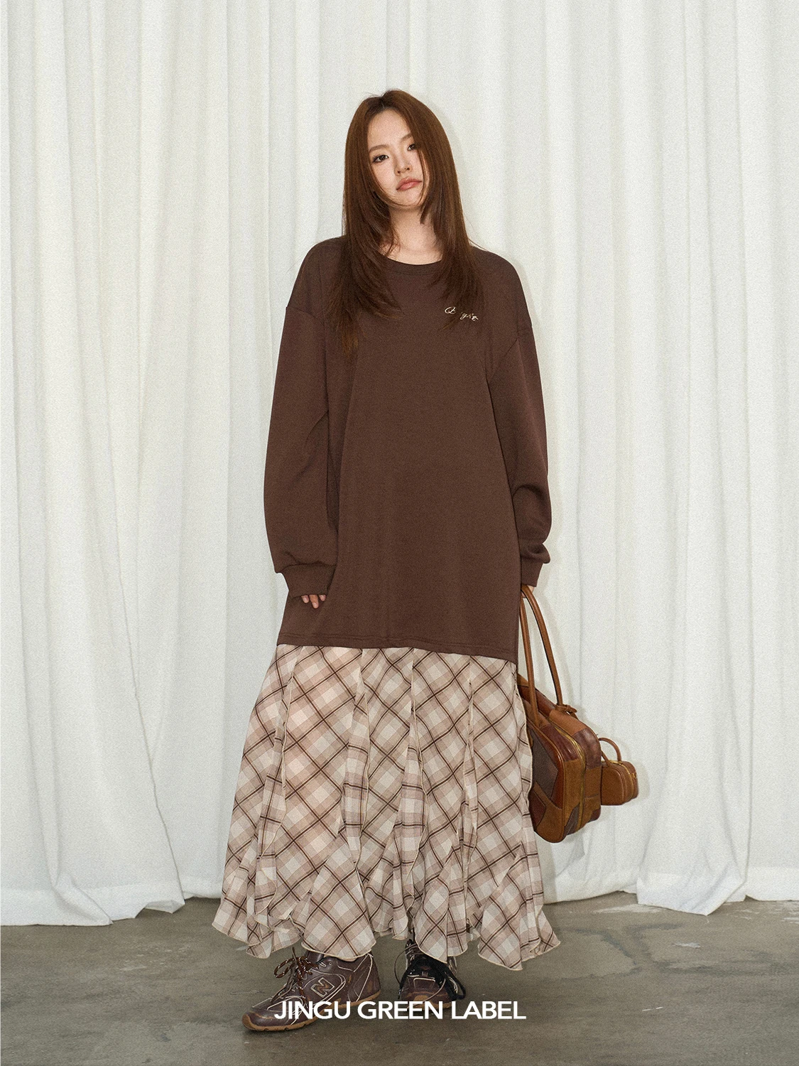 JINGU een Label Lazy Girl Skirt Embroidered Paneling Fake Two-Piece Dr Casual Sle round Ne Long Sve Midi Dr