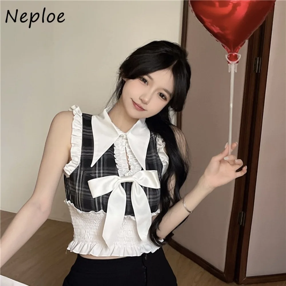 

Neploe Elegant Pure Desire Celebrity Sweet Spice Girls Shirt Lovely Bow Vest Plaid Patchwork Blusas Slim Waist Ruffles Short Top