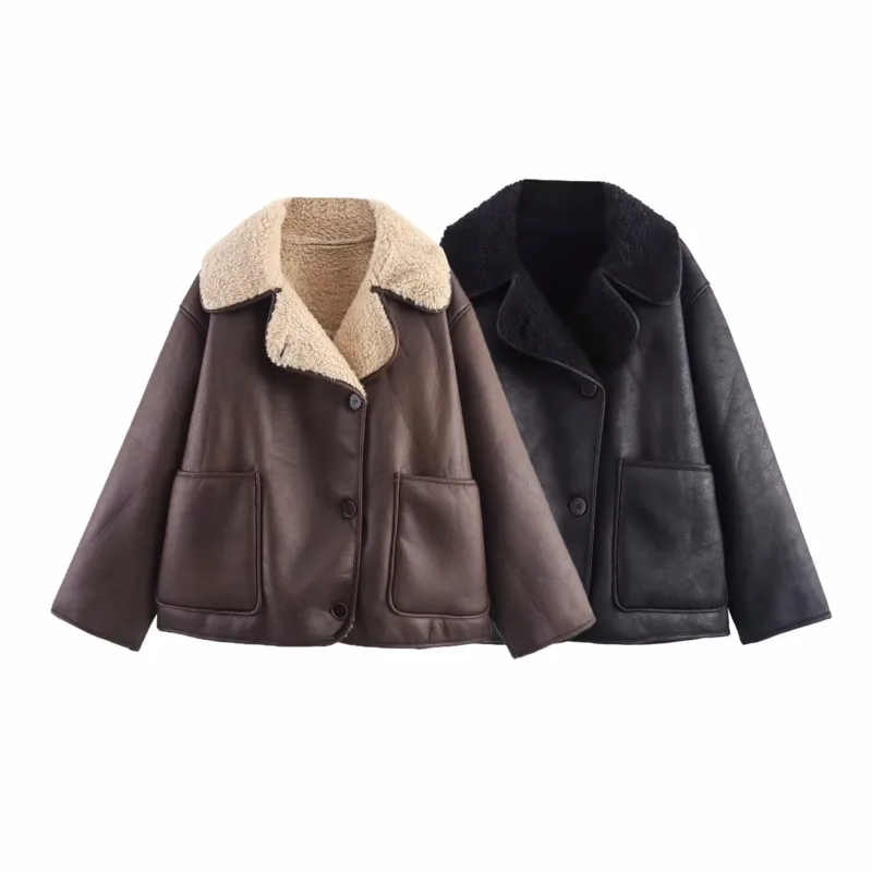

TRAF Fleece Coat women winter Pocket Decor Single Breasted Coats Long Sleeve Women's Jacket Coat