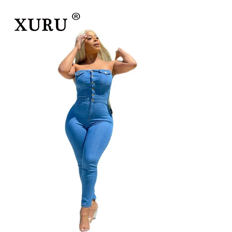 XURU-Women's Strapless Slim Fit Jeans, Sexy Backless Jumpsuit, Casual Fashion, Street, N7-6061