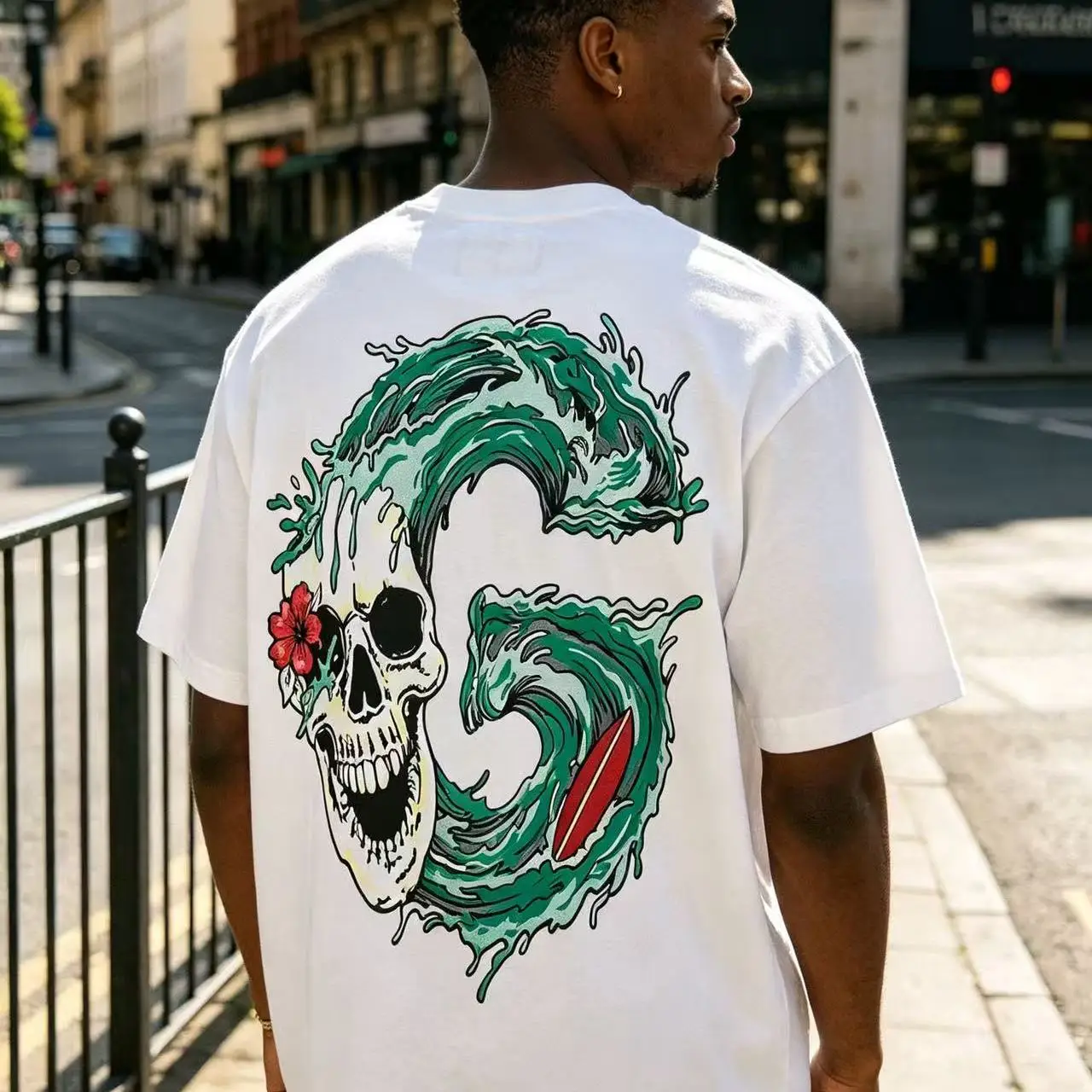 Godspeed Surf Skull Short Sleeve T-Shirt Loose Fit Pure Cotton Casual Summer High Street Style Youthful Print Cotton Tee