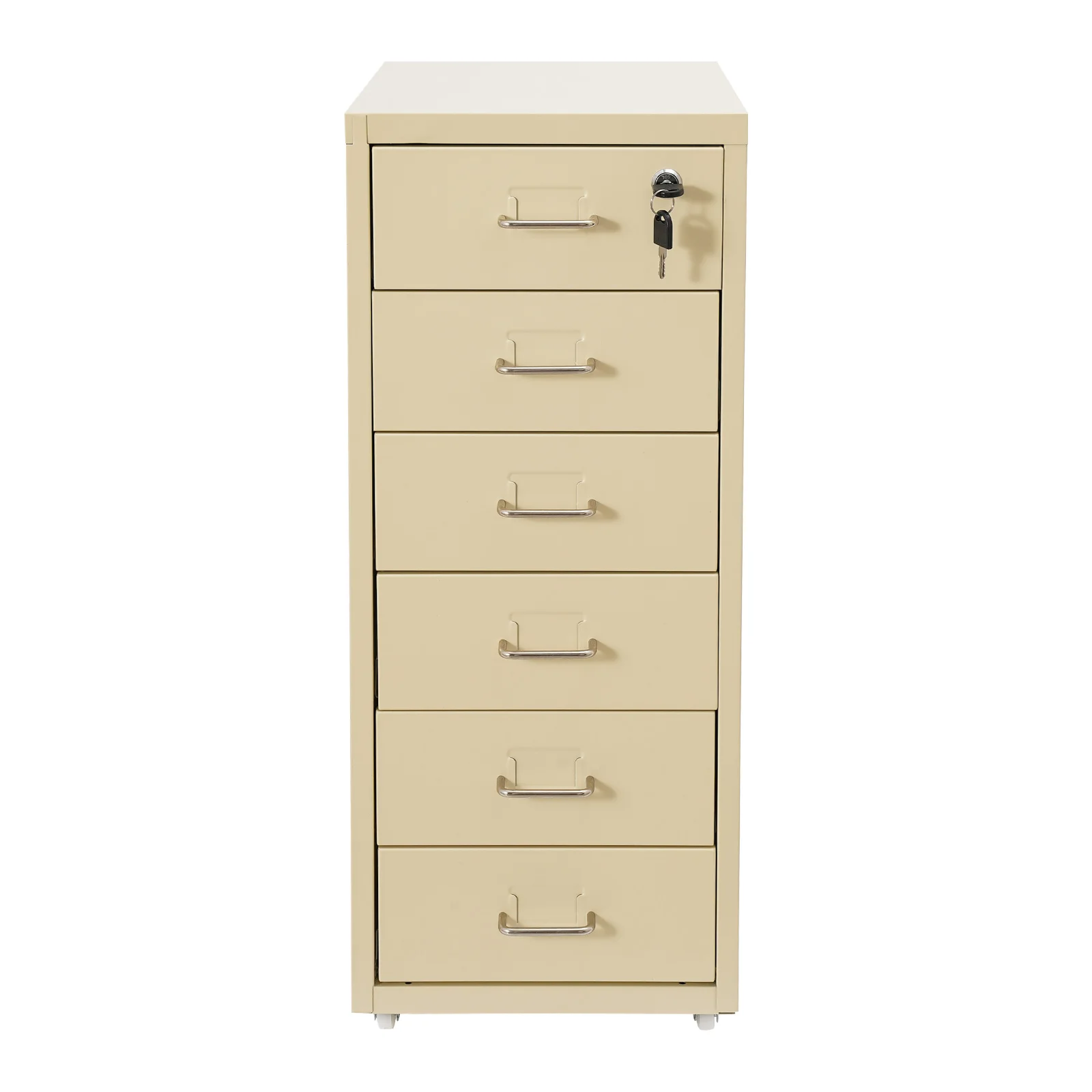 Lockable Rolling Metal File Cabinet| 6-Drawer Home Office Document Storage Container with Wheels| Off-white/Green/Yellow