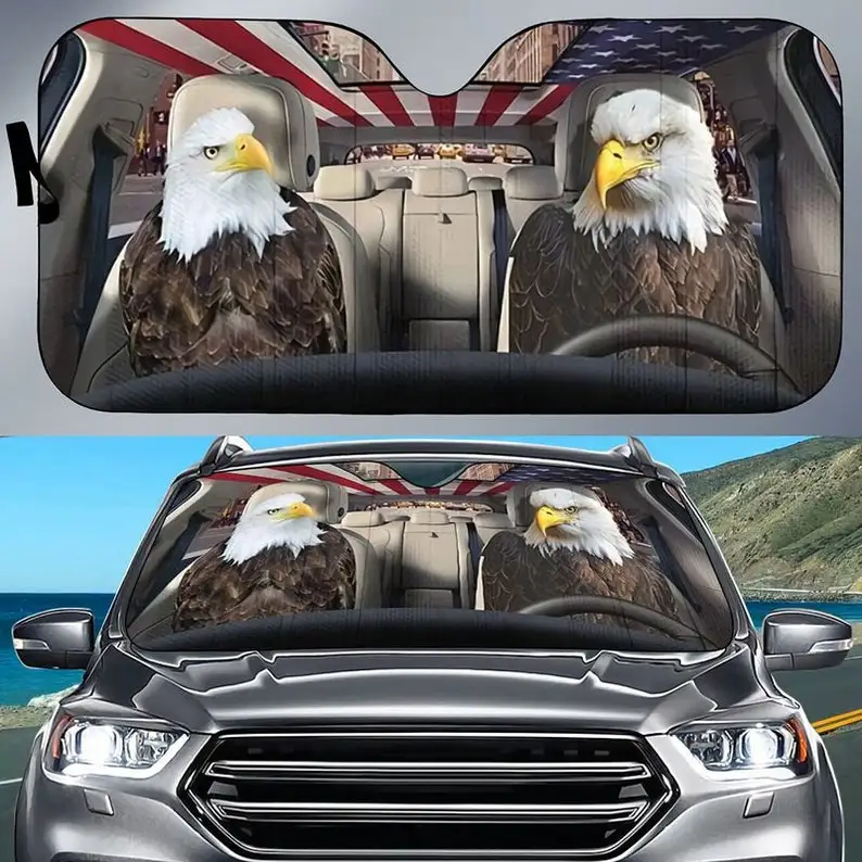 Bald Eagle America Flag Windshield Sunshade Eagle Couple Driving Car Sunshade Gift For 4th Of July Windshield Sunshade Oxford Cl