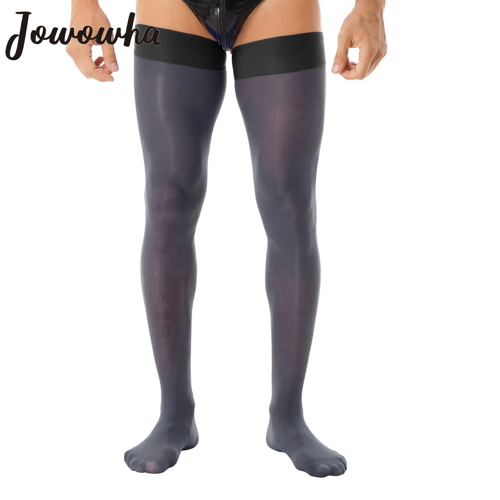 Mens Glossy See-through Stockings Shiny Anti-skid Sheer Compression Thigh High Socks Stretchy Hosiery Sissy Lingerie Nightwear