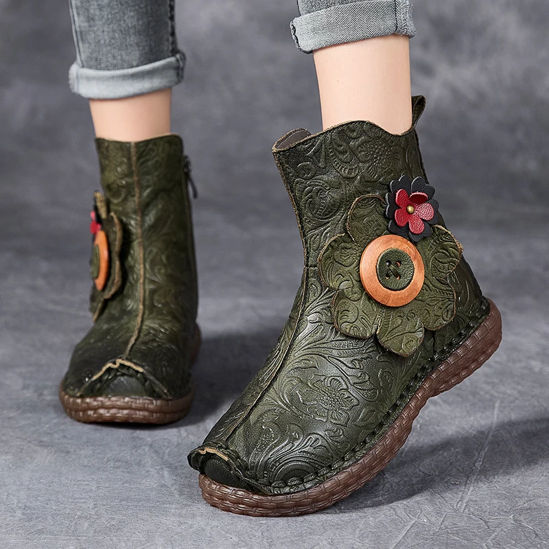 GKTINOO Handmade Ankle Boots Embossed Women Genuine Leather Short Boots Winter Warm Flower Ethnic Comfort Flat Heel Ladies Shoes