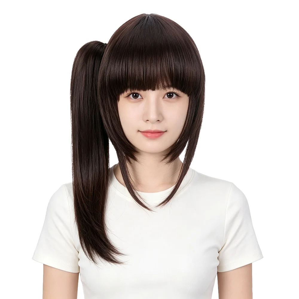 

Tsuyuri Kanao Cosplay Wig 1B# Black Detachable Clip-on Ponytail Heat Resistant Hime Cut Wig For Women Daily Halloween Party