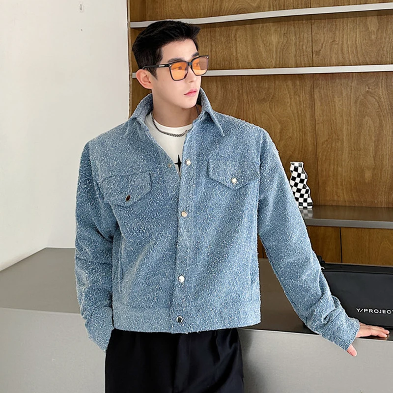 IEFB New Fashion Men Wear Denim Jacket Autumn Korean Chic Ground Flower Washed Design 2024 Lapel Single Breasted Jackets 9C7256