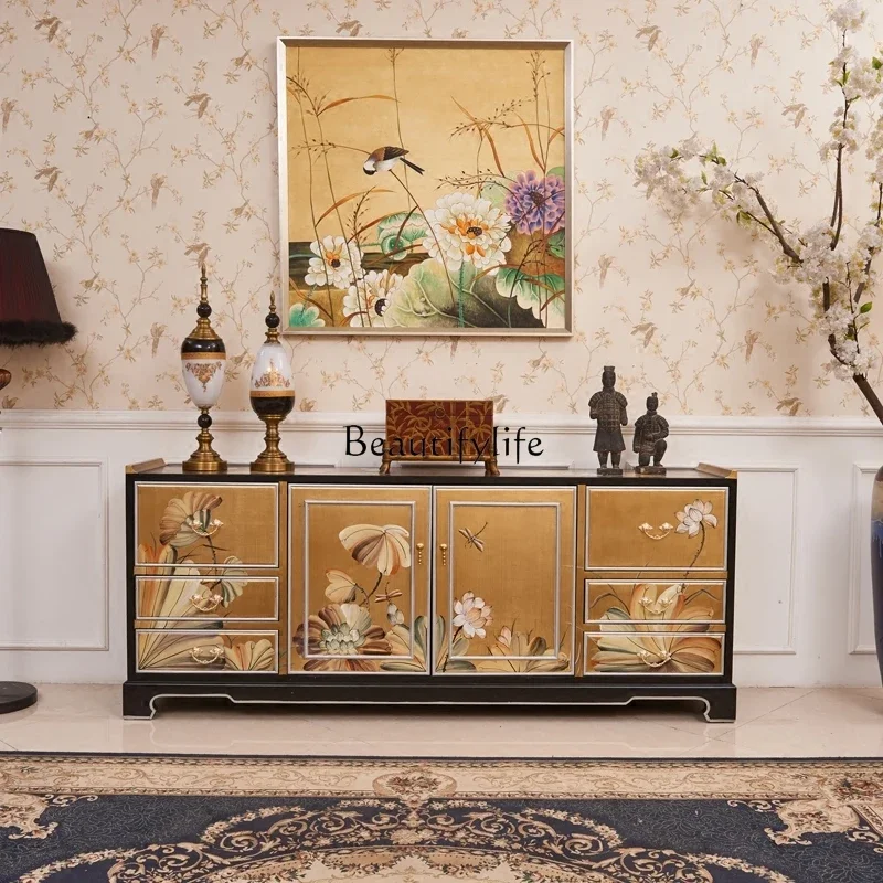 

ls 04 New Chinese model house living room gold foil painted lotus TV floor cabinet dining side cabinet