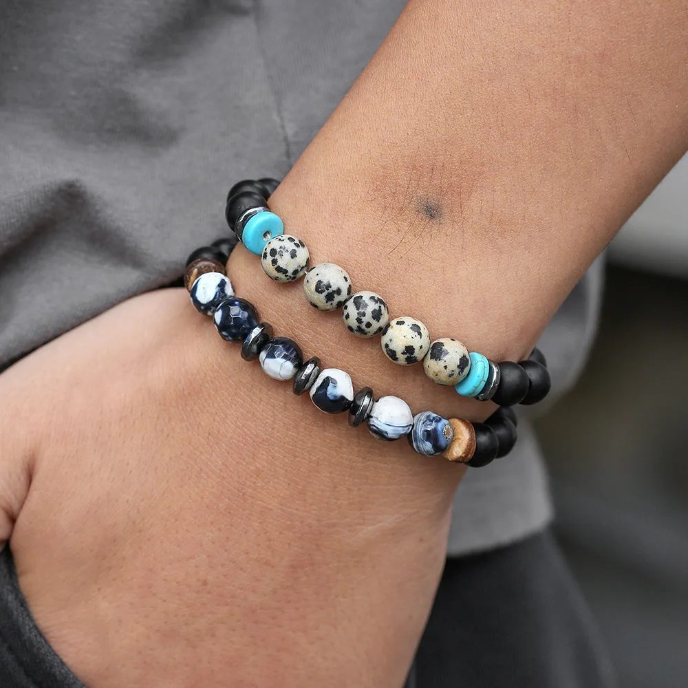 Vintage Doppelschicht Naturstein-Perlen Armband Punk Spot Stone Herren Armband Rock Hip Hop Schmuck Accessoires – Detail 2