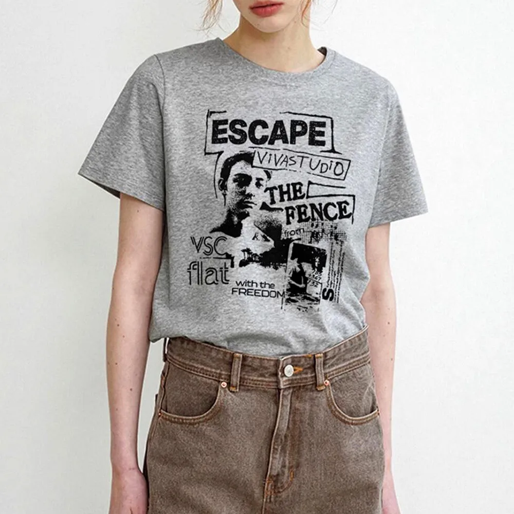 

American Vintage Style Printing Gray Casual T Shirts Female Loose Cotton Summer Short Sleeve Tops Ins Fashion Crewneck Tees