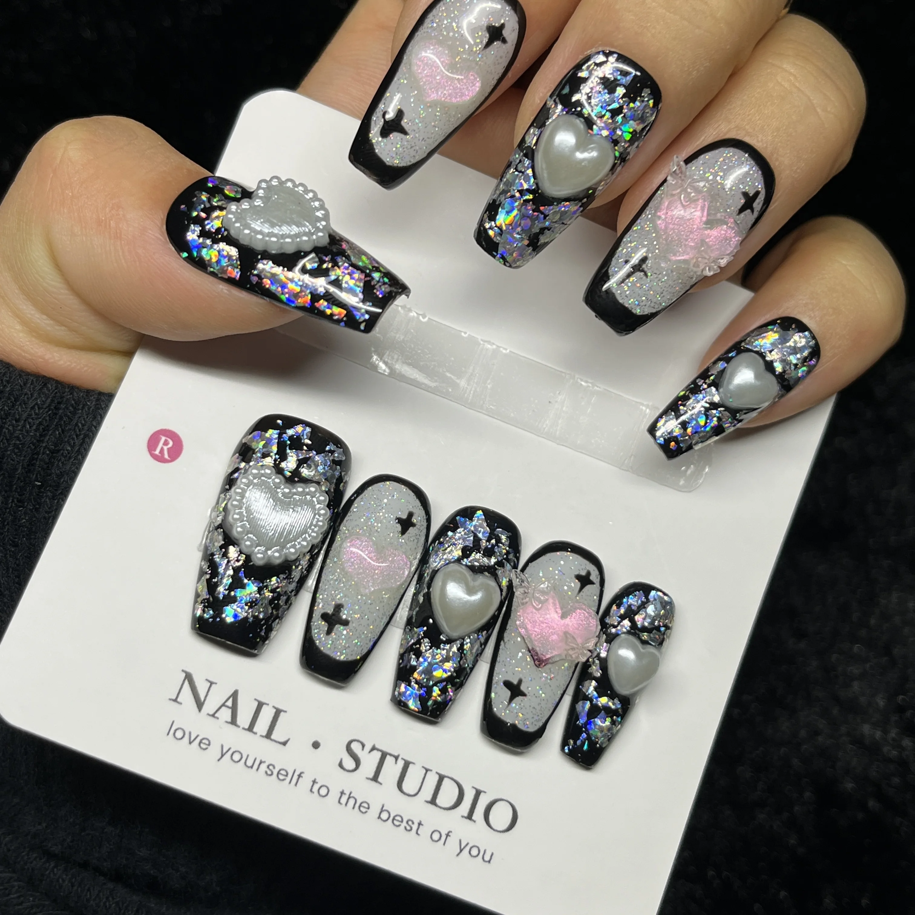 

10PCS Y2K Gothic Rose Press on Nails Long Coffin Black Silver Holographic Glitter with 3D Charms Sweet Edge Handmade False Nails