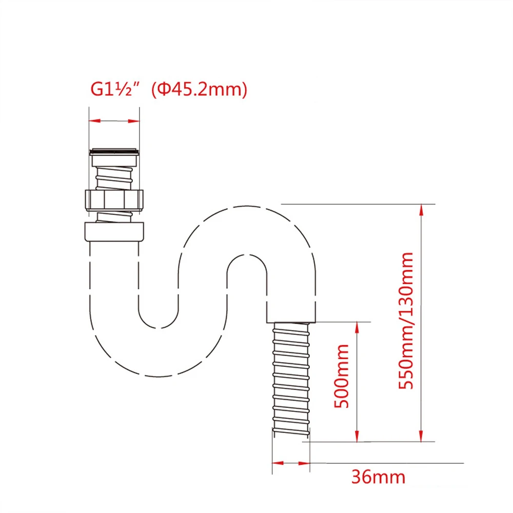 Flexible Drain Hose for Washing Machine and Kitchen Outlet Made of Plastic with Integrated Gaskets and Steel Wire Support
