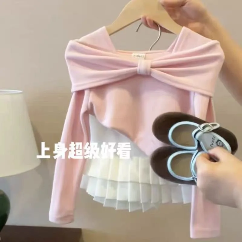 

Комплект из двух предметов, футболка для маленьких девочек, комплекты с плиссированной юбкой, осенний костюм, детская одежда с бантом, детская одежда принцессы для малышей от 2 до 8 лет