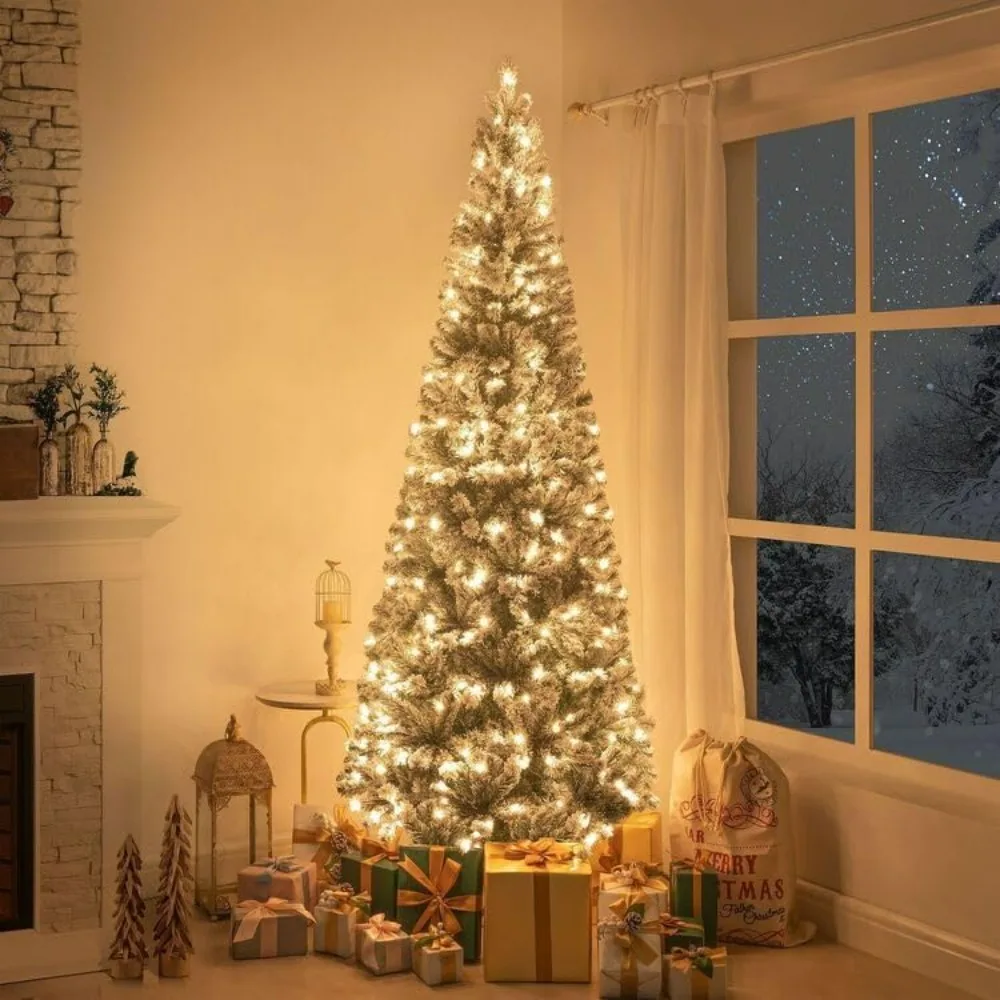 

7.5ft Slim Snow Flocked Christmas Tree , Pencil Christmas with Warm Lights and Metal Stand, Aritificial Christmas Tree