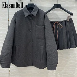 9.25 KlasonBell Women's Pocket Letter Embroidery Lapel Loose Parkas Outerwear Or Bow Drawstring Waist Pleated Mini Skirt Set