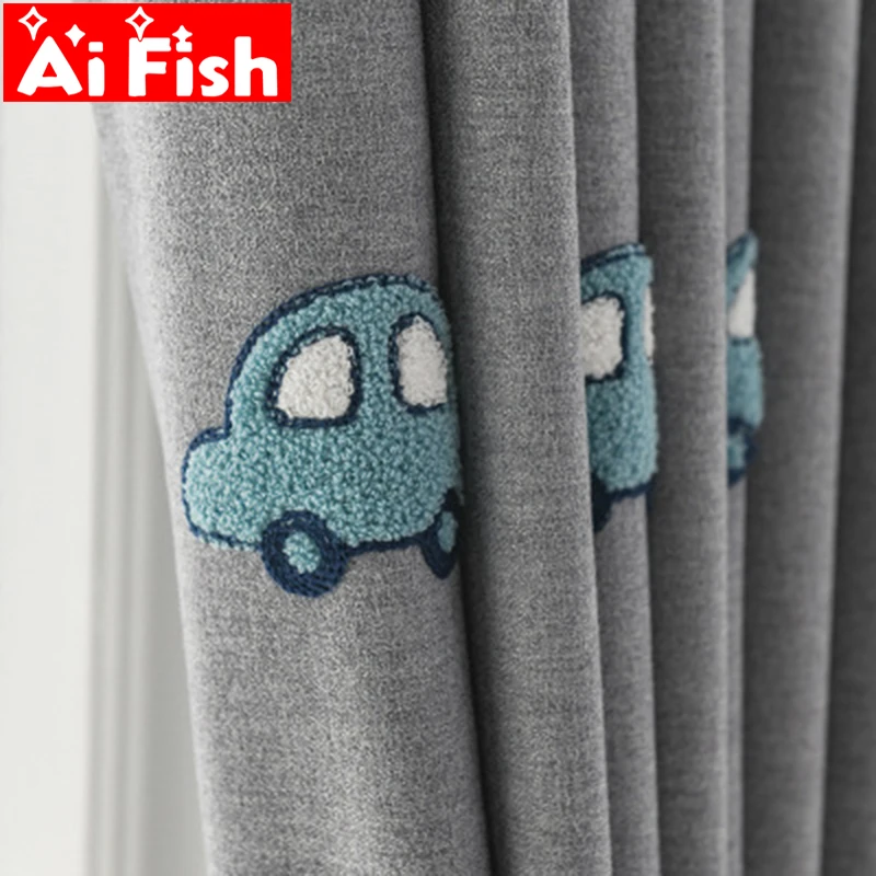 

Gray Cotton Linen Cartoon Cute Towel Embroidered Car Stereoscopic Thickened Blackout Window Curtains for Children 's Bedroom #3