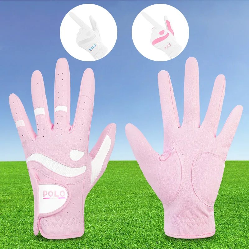 

1 Pair Ladies Right and Left Hand Anti-slip Golf Gloves Women PU Leather Breathable Sports Mittens Wear-resistant Finger Cover