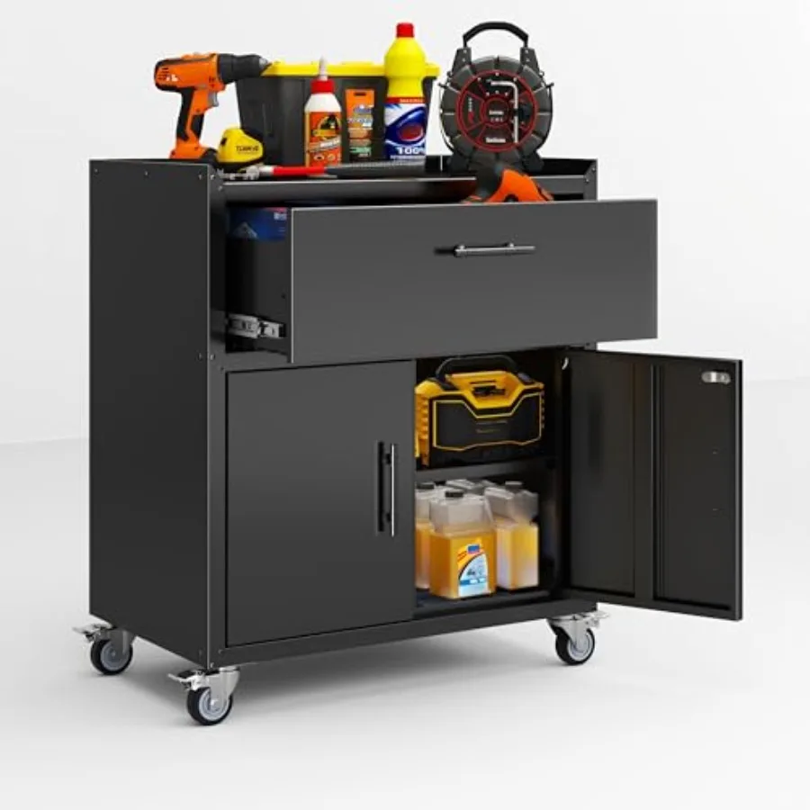 

Metal Storage Cabinets Locker with Shelves and Drawer Metal Rolling Storage Cart Adjustable Shelf Tool Organizer for Garage War