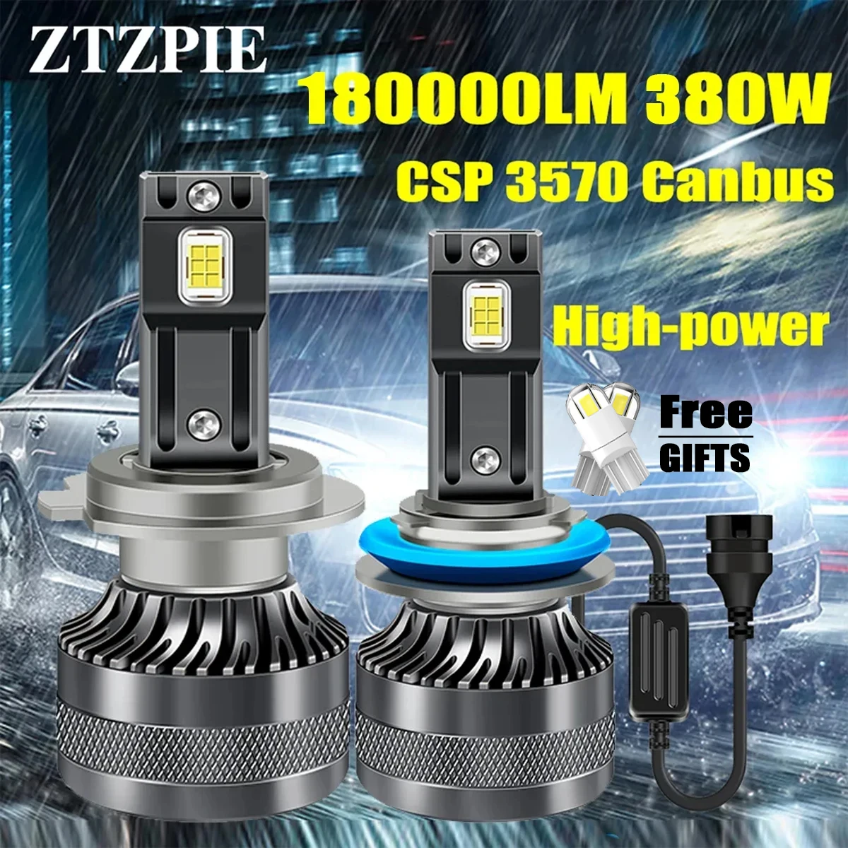 ZTZPIE Pure White 6000K 380W 180000LM H7 H4 H11 9005HB3 9006 HB4 H1 CSP 3570 EMC Canbus Led Headlight Bulb Car Fog Light