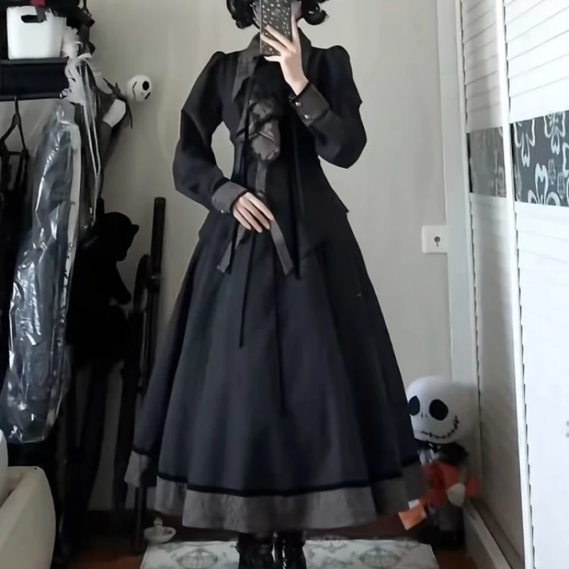 Japanese Vintage Dark Gothic Lolita 2 Piece Set Women Sweet Slim Sheep Leg Sleeve Shirt High Waist Long Skirt Fashion Y2k Outfit