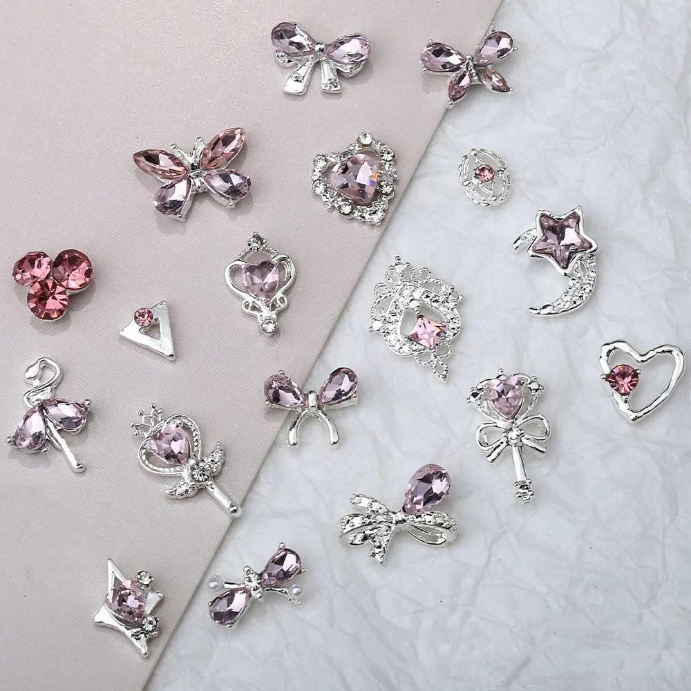 10 Breloques en Alliage pour Ongles, Décorations 3D en Strass Rose, Ornements Métalliques Baguette Magique, Papillon, Ours, Cœur pour Manucure DIY