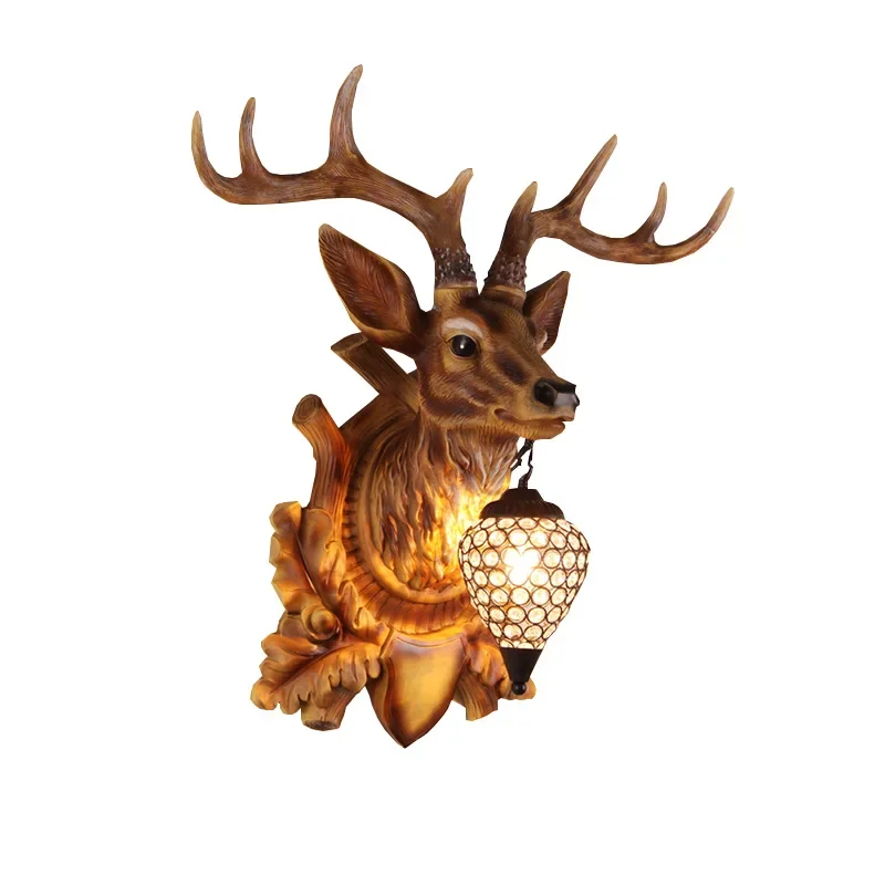 American Retro Lucky Deer Head Wall Light Living Room Kitchen Nordic Resin Lamp Simulation Animal Decoration Bracket Lights