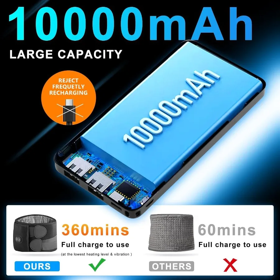 وسادة تدفئة محمولة لتخفيف آلام الظهر: مدلك أسفل الظهر مع 3 إعدادات للحرارة و3 أوضاع اهتزاز ومضرب قابل لإعادة الشحن بقوة 10000 مللي أمبير في الساعة