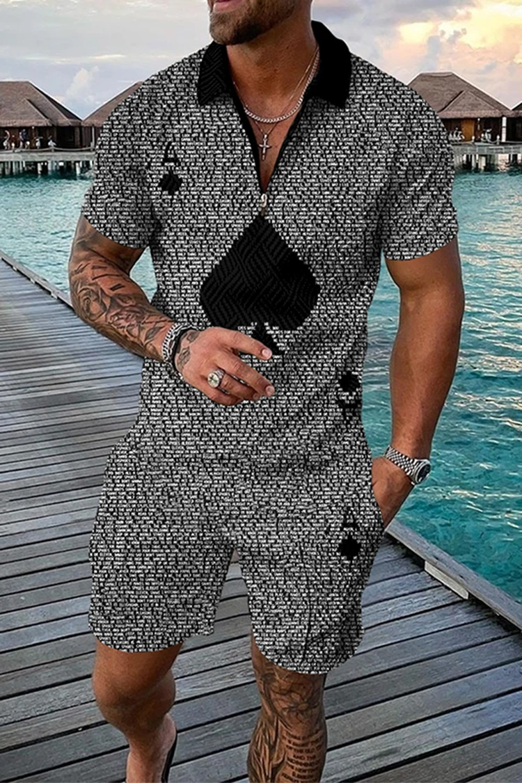 Spring and summer Men's Suit polyester Jacquard craft  Casual Short Sleeve Fashion Shorts Polo Shirt   Zipper Two Piece Set
