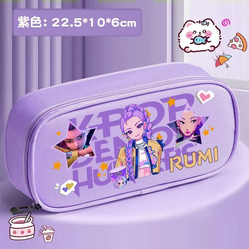 Trousse à crayons en toile à trois couches, dessin animé Demon Hunters, Rumi Mira Zoey, sac à stylos imprimé Kawaii, cadeaux pour étudiants