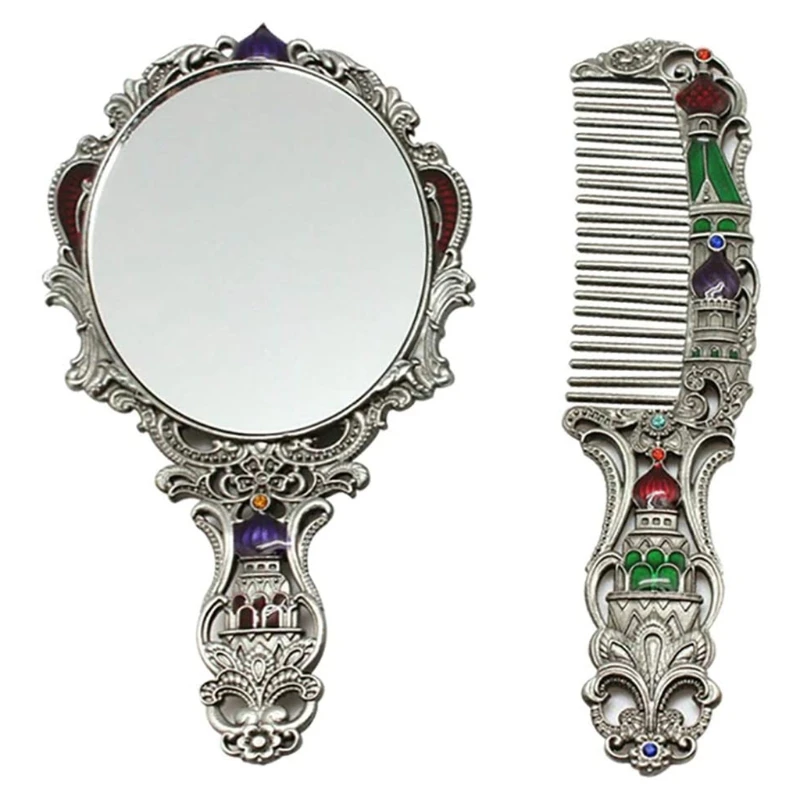 Women's Vintage Castle Portable Cosmetic Mirror Russian Handle Mirror Set with Comb for Girls